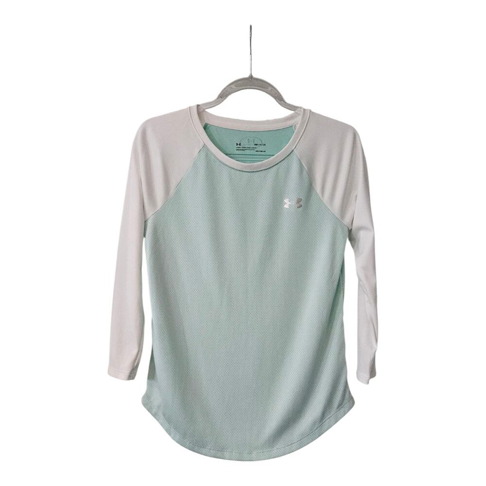 Under Armour Womens S Long Sleeve Heat Gear Shirt Light Green White 3/4 Sleeve
